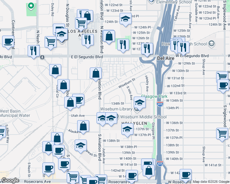 map of restaurants, bars, coffee shops, grocery stores, and more near 5524 Wiseburn Street in Hawthorne