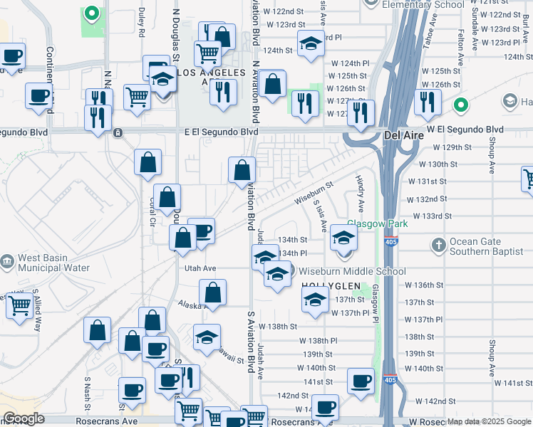 map of restaurants, bars, coffee shops, grocery stores, and more near in Hawthorne