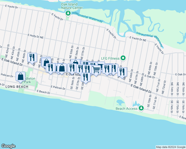 map of restaurants, bars, coffee shops, grocery stores, and more near 5825 East Oak Drive in Oak Island