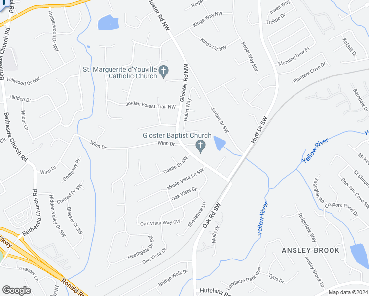 map of restaurants, bars, coffee shops, grocery stores, and more near 54 Gloster Road Southwest in Lawrenceville