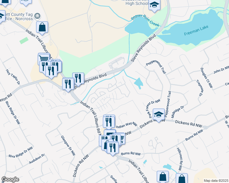 map of restaurants, bars, coffee shops, grocery stores, and more near 1106 Rock Creek Lane in Norcross