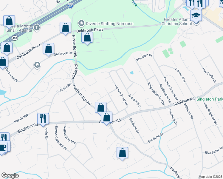 map of restaurants, bars, coffee shops, grocery stores, and more near 5525 Caesars Way in Norcross