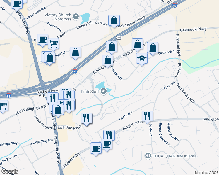 map of restaurants, bars, coffee shops, grocery stores, and more near 1666 Oakbrook Lake Drive Northwest in Norcross