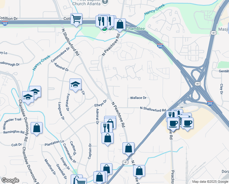 map of restaurants, bars, coffee shops, grocery stores, and more near 3995 Elm Street in Chamblee