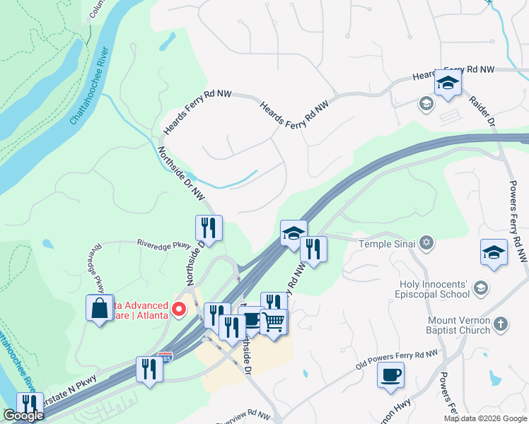 map of restaurants, bars, coffee shops, grocery stores, and more near 330 Cameron Ridge Drive Northwest in Atlanta