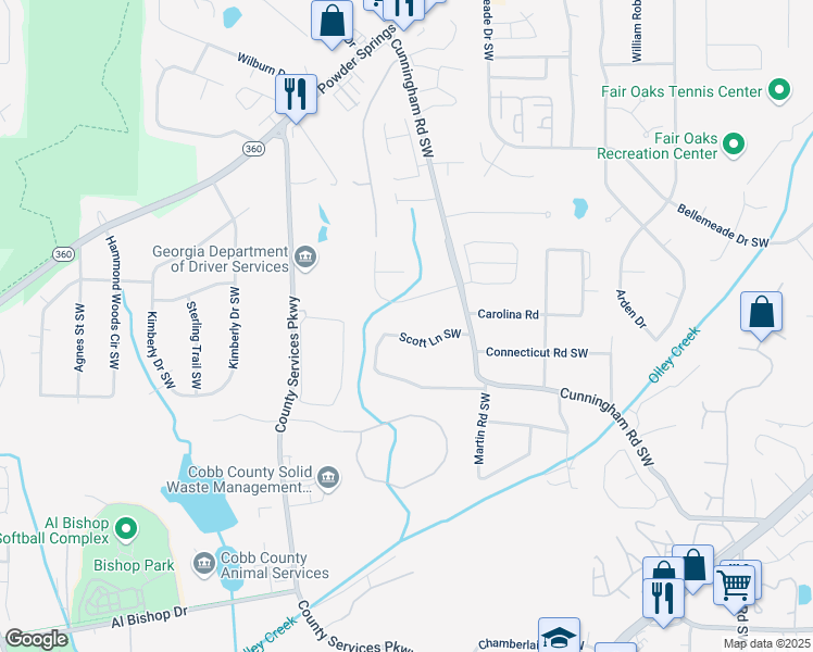 map of restaurants, bars, coffee shops, grocery stores, and more near 905 Scott Lane Southwest in Marietta