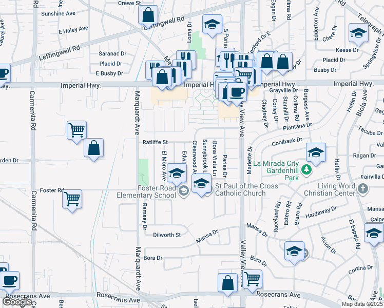 map of restaurants, bars, coffee shops, grocery stores, and more near 13029 Clearwood Avenue in La Mirada