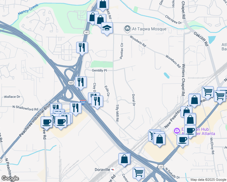 map of restaurants, bars, coffee shops, grocery stores, and more near 4047 Eula Circle in Doraville