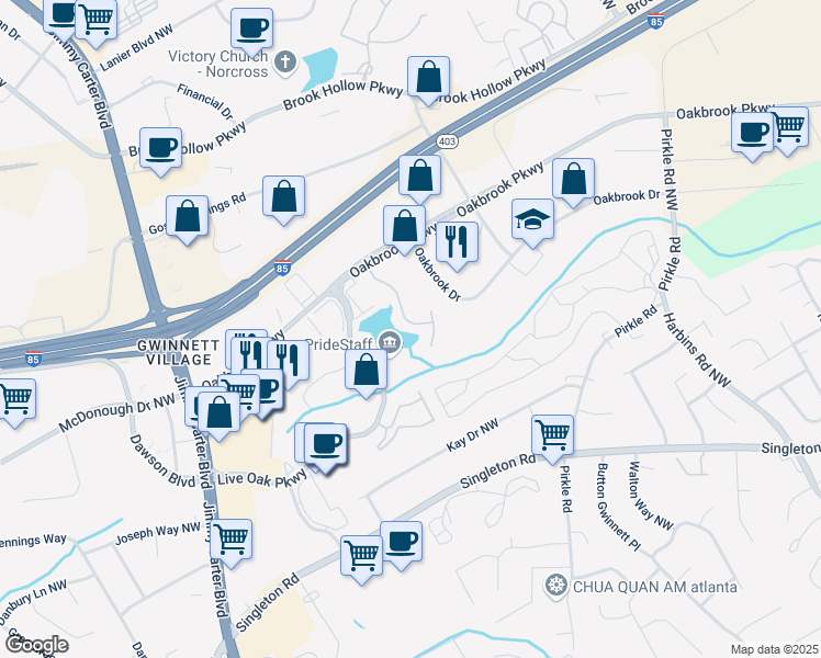 map of restaurants, bars, coffee shops, grocery stores, and more near 1666 Oakbrook Lake Drive Northwest in Norcross