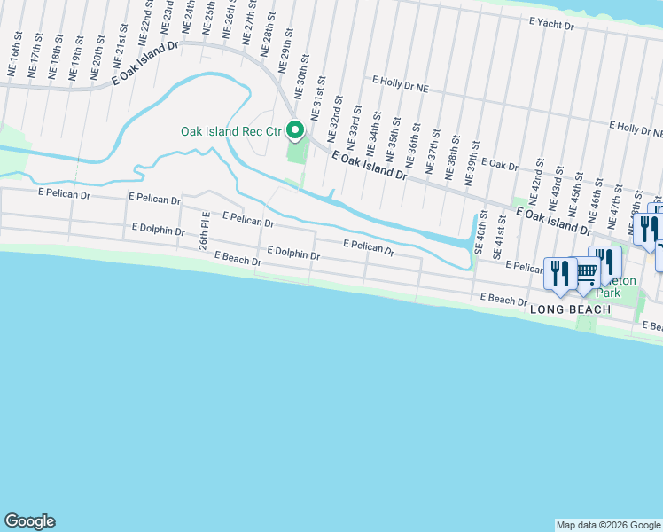 map of restaurants, bars, coffee shops, grocery stores, and more near 3218 East Beach Drive in Oak Island