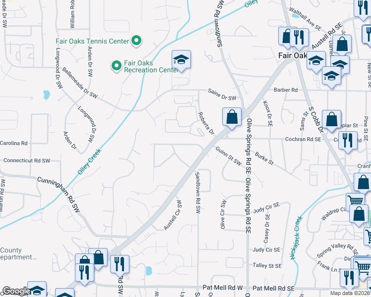 map of restaurants, bars, coffee shops, grocery stores, and more near 1696 Austell Road Southwest in Marietta