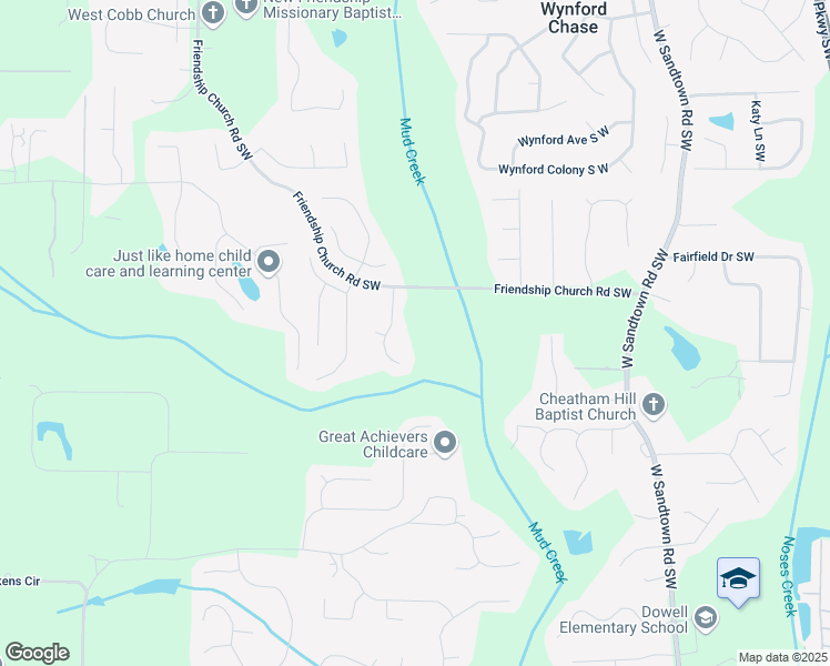 map of restaurants, bars, coffee shops, grocery stores, and more near 1678 Friendship Church Road Southwest in Marietta