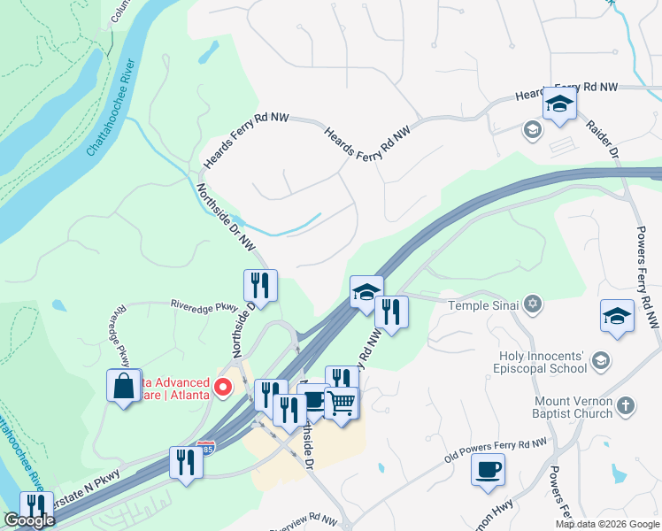 map of restaurants, bars, coffee shops, grocery stores, and more near 330 Cameron Ridge Drive Northwest in Atlanta