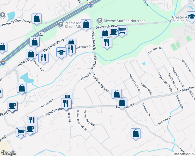 map of restaurants, bars, coffee shops, grocery stores, and more near 1566 Harbins Road Northwest in Norcross