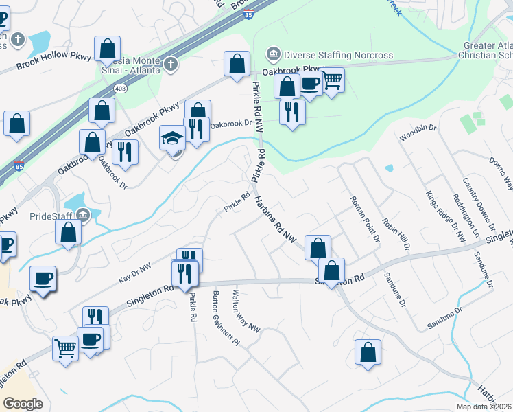 map of restaurants, bars, coffee shops, grocery stores, and more near 1568 Harbins Road Northwest in Norcross