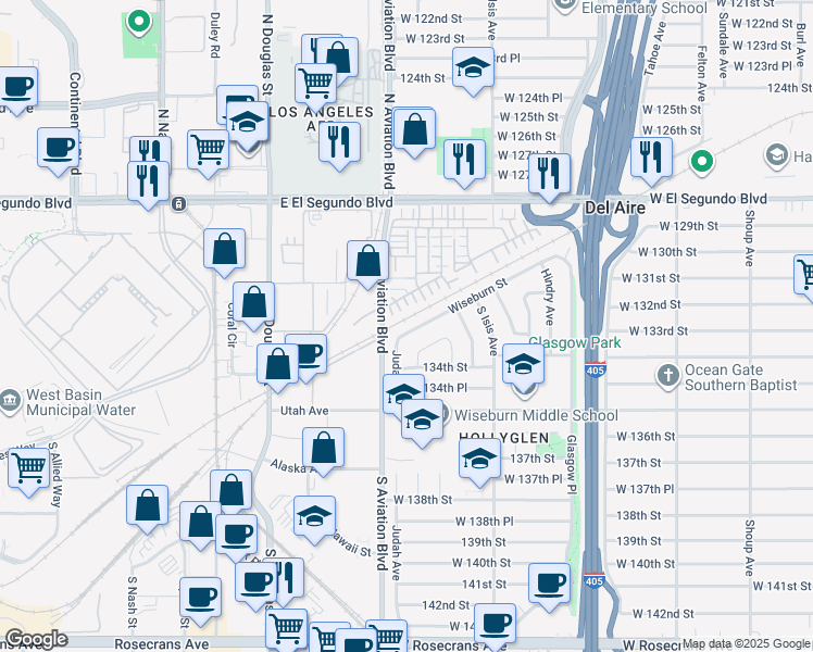 map of restaurants, bars, coffee shops, grocery stores, and more near in Hawthorne