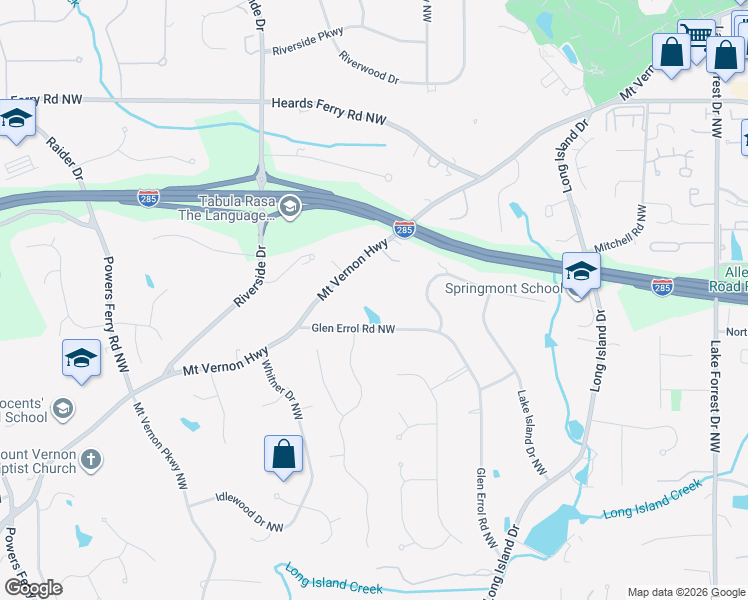 map of restaurants, bars, coffee shops, grocery stores, and more near 5695 Glen Errol Road Northwest in Sandy Springs