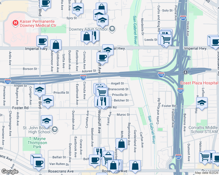 map of restaurants, bars, coffee shops, grocery stores, and more near 10207 Branscomb Street in Downey