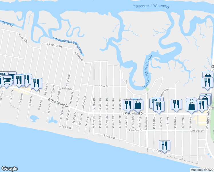 map of restaurants, bars, coffee shops, grocery stores, and more near Northeast 76th Street in Oak Island