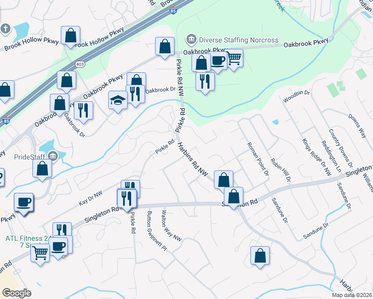 map of restaurants, bars, coffee shops, grocery stores, and more near 1568 Harbins Road Northwest in Norcross