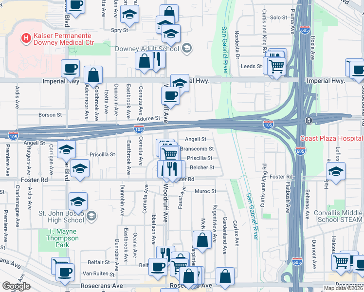 map of restaurants, bars, coffee shops, grocery stores, and more near 10207 Branscomb Street in Downey