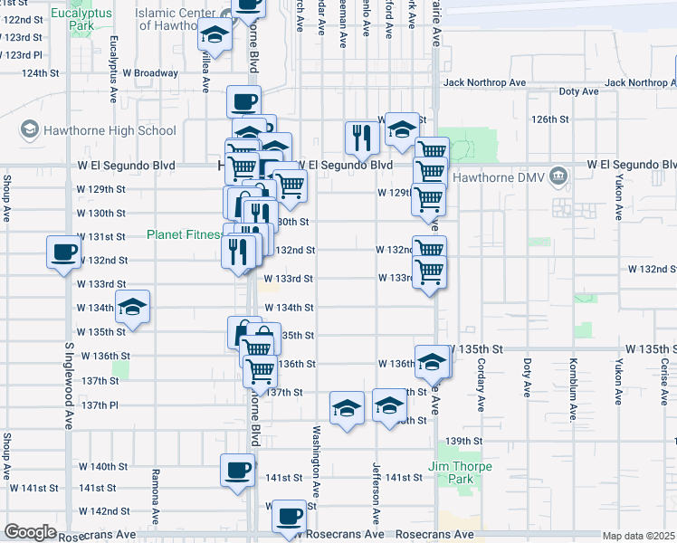map of restaurants, bars, coffee shops, grocery stores, and more near 4221 West 133rd Street in Hawthorne