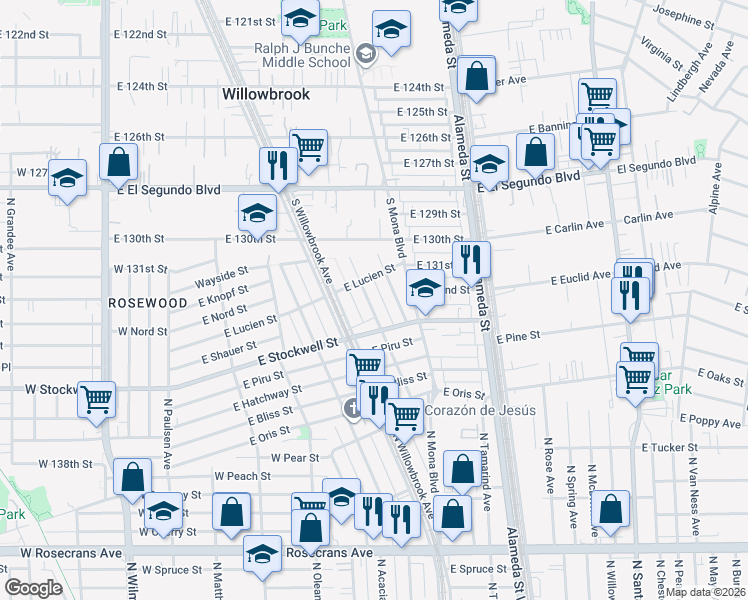 map of restaurants, bars, coffee shops, grocery stores, and more near 13300 South Largo Avenue in Compton
