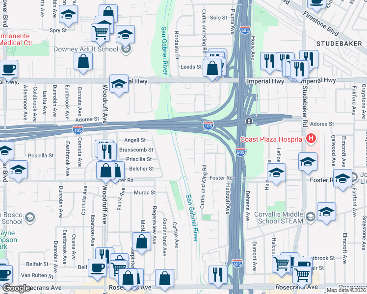 map of restaurants, bars, coffee shops, grocery stores, and more near 10503 Branscomb Street in Norwalk