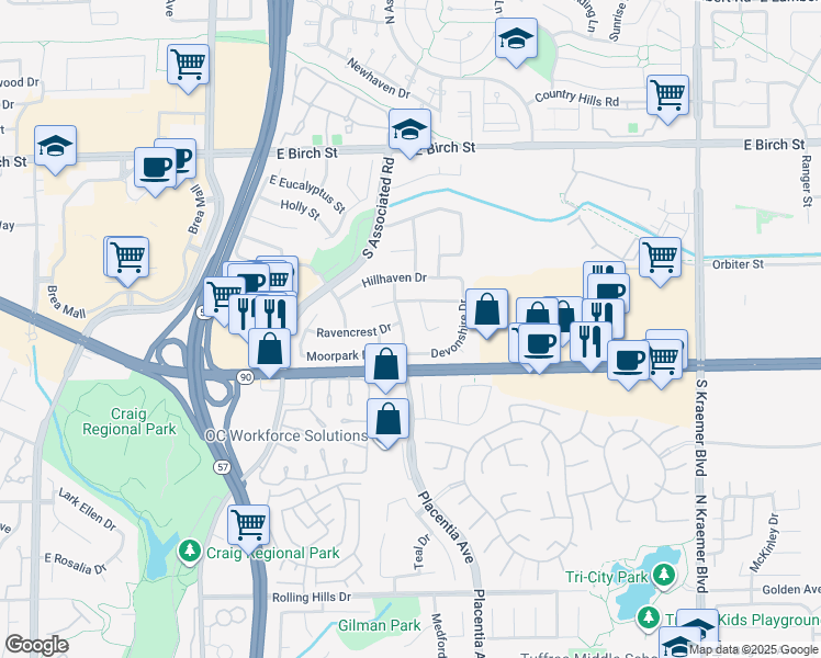 map of restaurants, bars, coffee shops, grocery stores, and more near 452 Castlegate Lane in Brea