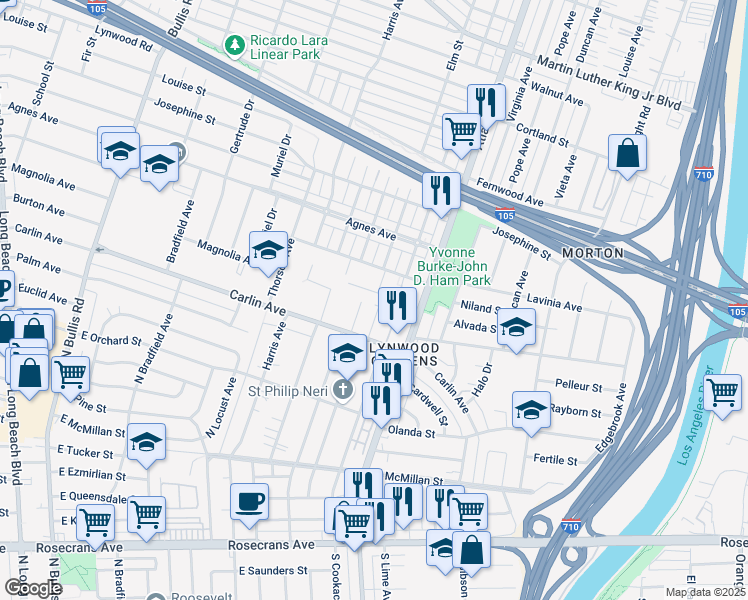 map of restaurants, bars, coffee shops, grocery stores, and more near 4295 Carlin Avenue in Lynwood