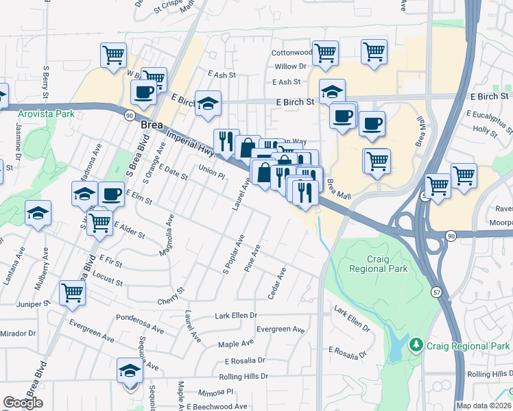 map of restaurants, bars, coffee shops, grocery stores, and more near 755 East Date Street in Brea