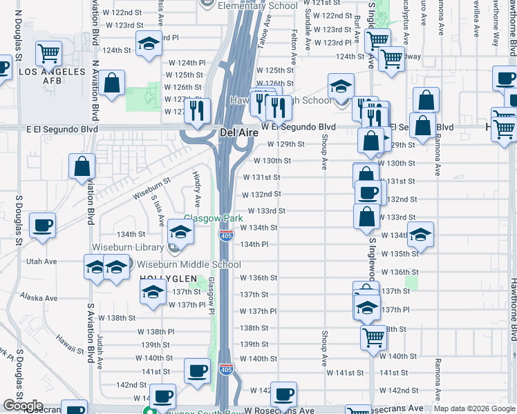 map of restaurants, bars, coffee shops, grocery stores, and more near 5124 West 133rd Street in Hawthorne