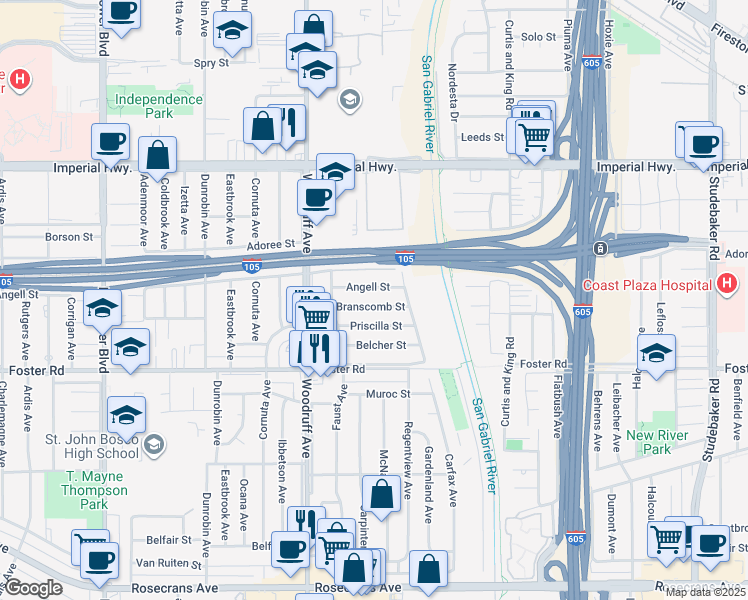 map of restaurants, bars, coffee shops, grocery stores, and more near 10253 Branscomb Street in Downey