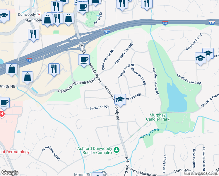 map of restaurants, bars, coffee shops, grocery stores, and more near 4081 Ashford Dunwoody Road in Atlanta