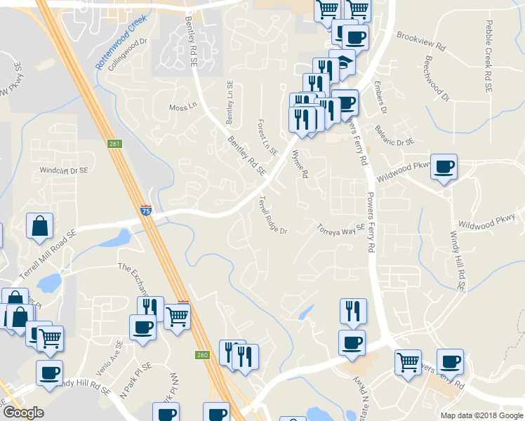 map of restaurants, bars, coffee shops, grocery stores, and more near 1668 Terrell Ridge Drive in Marietta