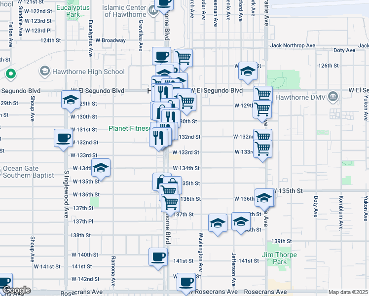 map of restaurants, bars, coffee shops, grocery stores, and more near 4361 West 133rd Street in Hawthorne