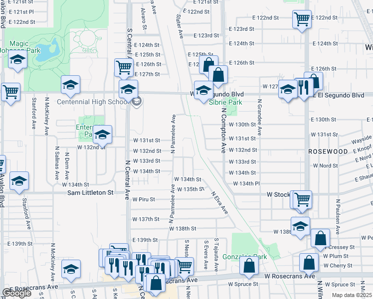 map of restaurants, bars, coffee shops, grocery stores, and more near 1515 West 133rd Street in Compton