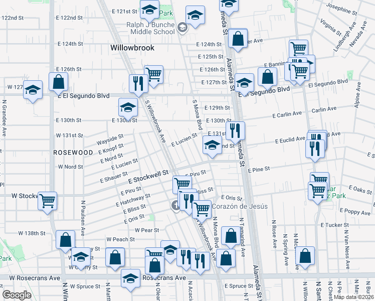 map of restaurants, bars, coffee shops, grocery stores, and more near 13300 South Largo Avenue in Compton