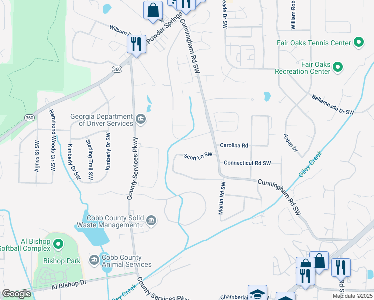map of restaurants, bars, coffee shops, grocery stores, and more near 905 Scott Lane Southwest in Marietta