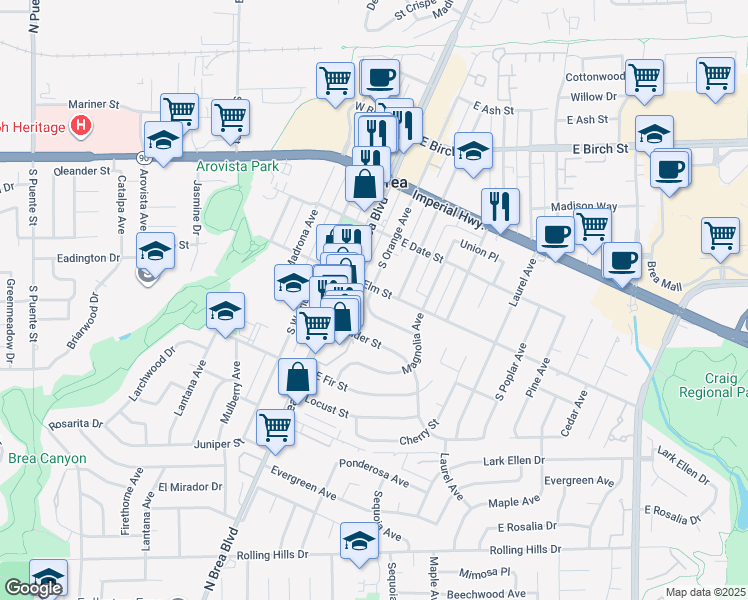 map of restaurants, bars, coffee shops, grocery stores, and more near 514 South Orange Avenue in Brea