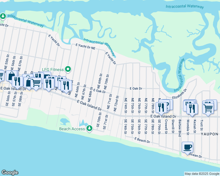 map of restaurants, bars, coffee shops, grocery stores, and more near in Oak Island