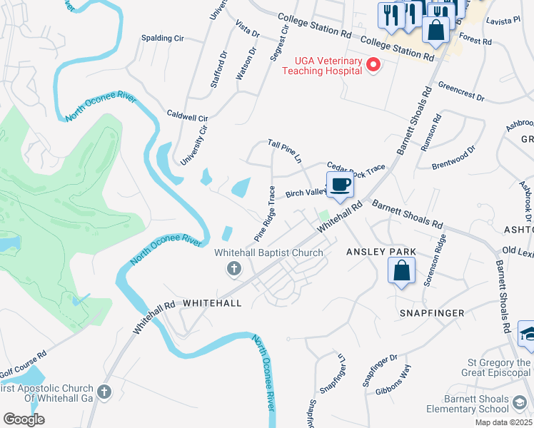 map of restaurants, bars, coffee shops, grocery stores, and more near 208 Pine Ridge Trace in Athens