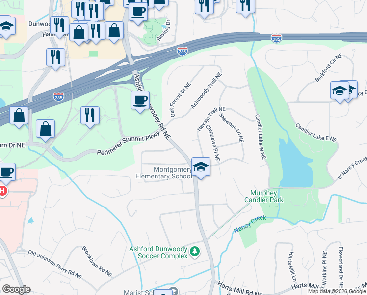 map of restaurants, bars, coffee shops, grocery stores, and more near 1317 Dunwoody Lane Northeast in Atlanta
