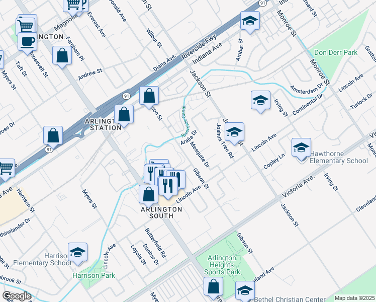 map of restaurants, bars, coffee shops, grocery stores, and more near 2992 Mesquite Drive in Riverside