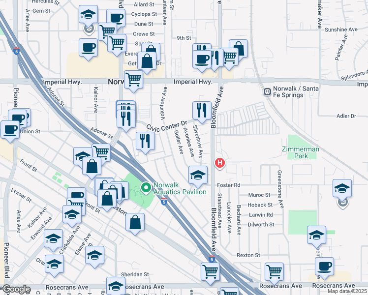 map of restaurants, bars, coffee shops, grocery stores, and more near 13033 Avonlea Avenue in Norwalk