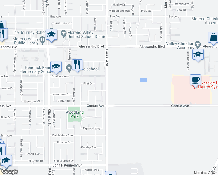 map of restaurants, bars, coffee shops, grocery stores, and more near 14400 Lasselle Street in Moreno Valley