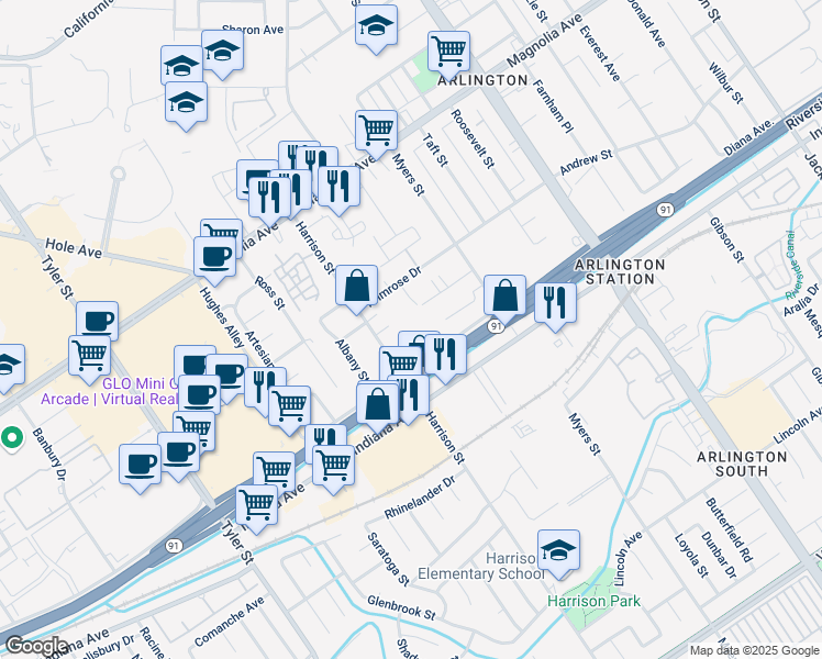 map of restaurants, bars, coffee shops, grocery stores, and more near 3511 Harrison Street in Riverside