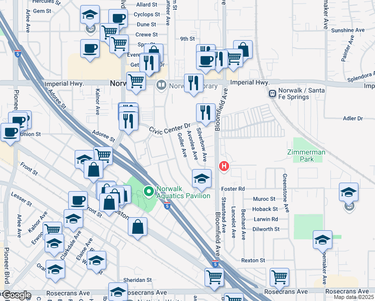 map of restaurants, bars, coffee shops, grocery stores, and more near 13033 Avonlea Avenue in Norwalk