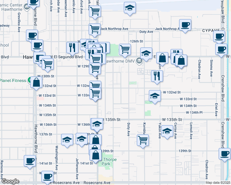map of restaurants, bars, coffee shops, grocery stores, and more near 13231 Florwood Avenue in Hawthorne
