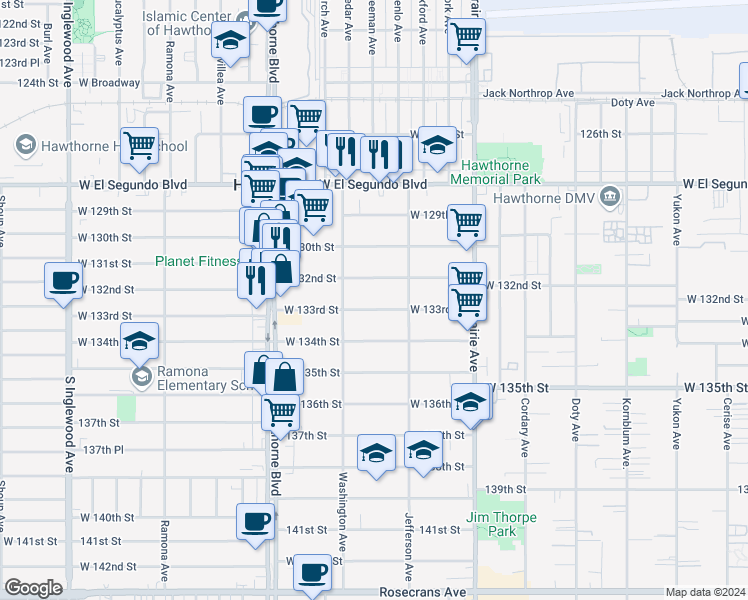 map of restaurants, bars, coffee shops, grocery stores, and more near 4221 West 133rd Street in Hawthorne